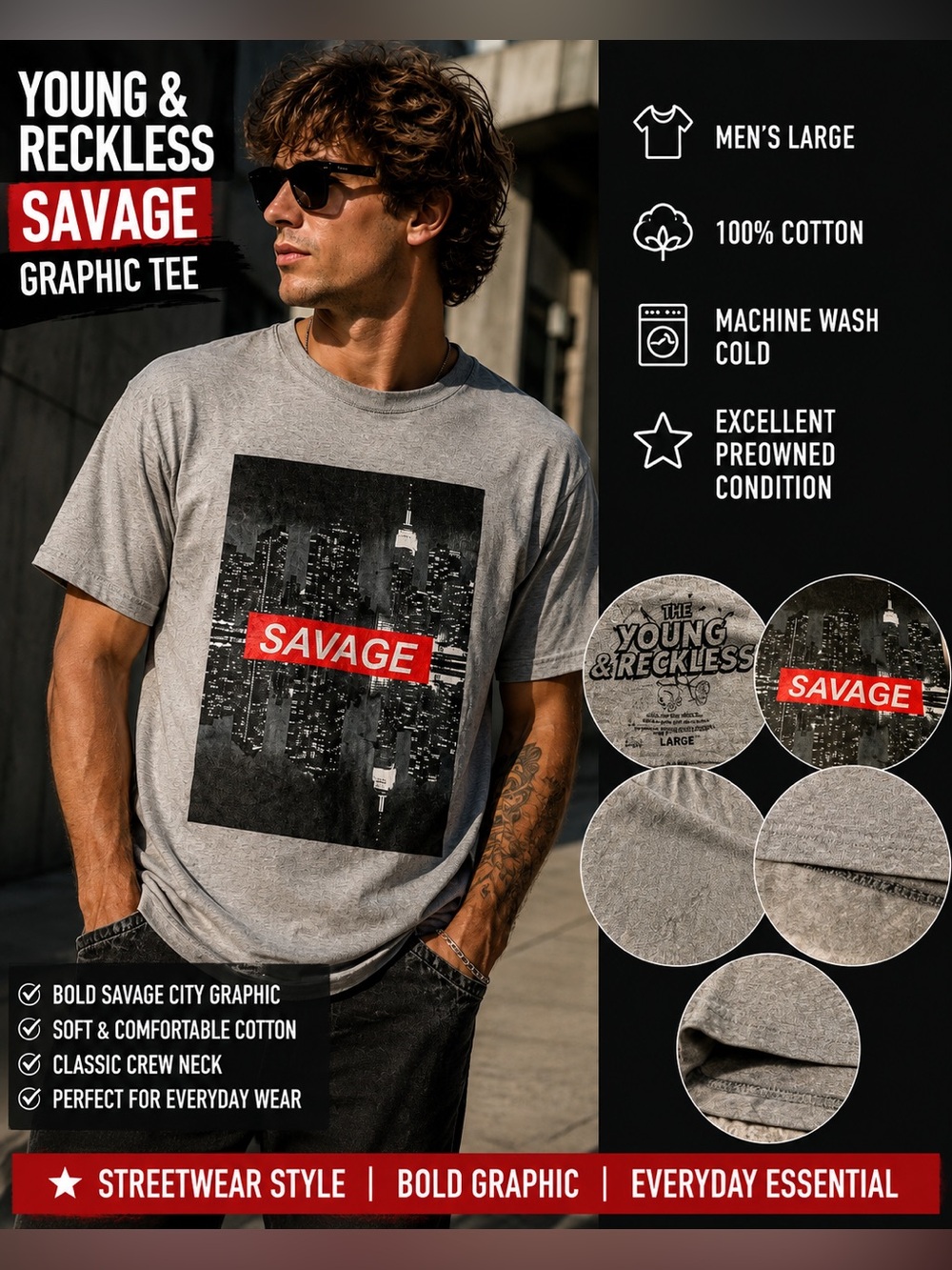 Young & Reckless Savage NYC Skyline Graphic T-Shirt Men’s 2XL or Oversized Lg